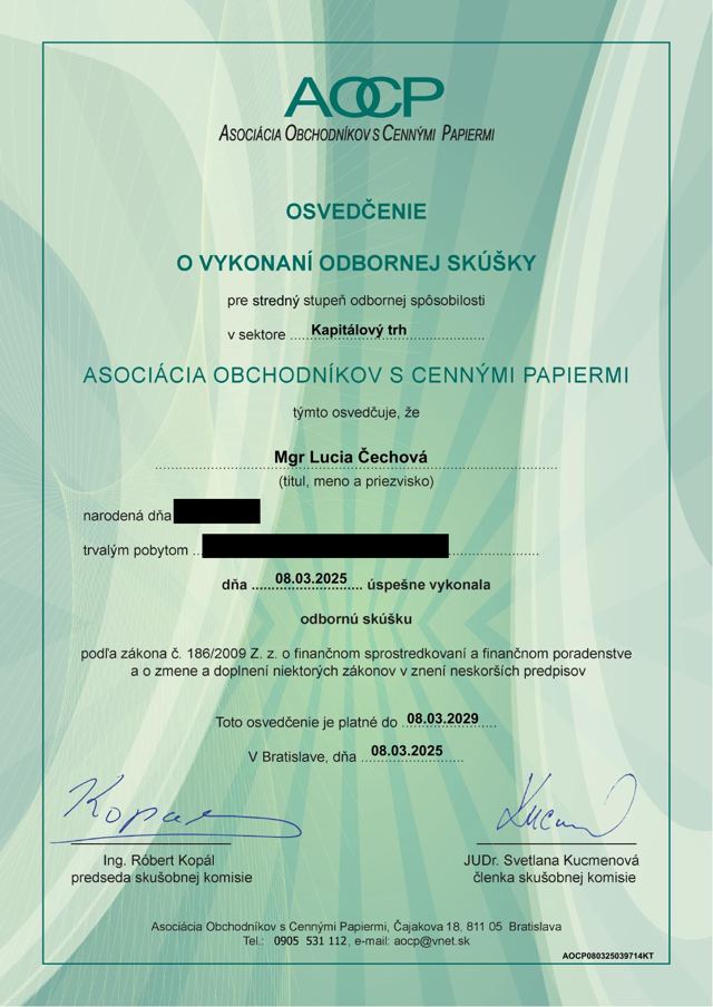 Osvedčenie — Kapitálový trh