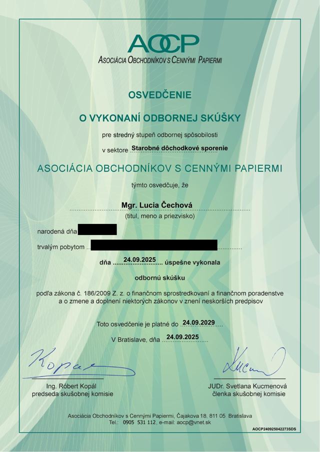 Osvedčenie — Starobné dôchodkové sporenie