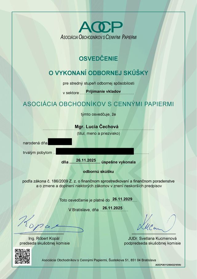 Osvedčenie — Prijímanie vkladov